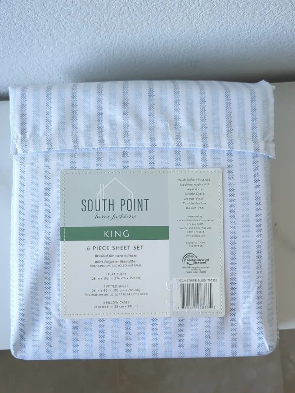 South Point King 6-Piece Sheet Set - White with Blue Stiched Stripes blue